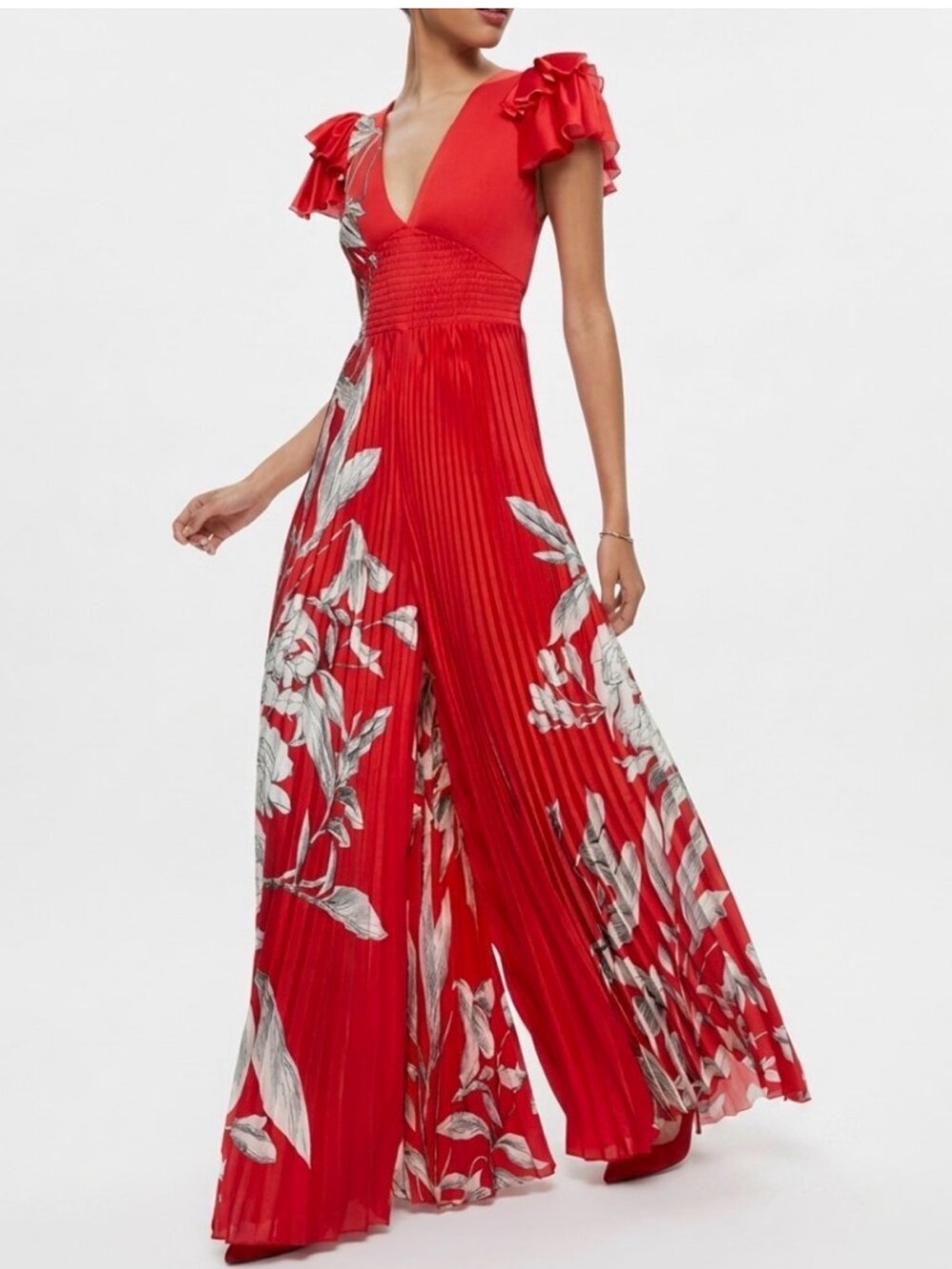 Alice + Olivia Red Floral Pleated V-Neck Jumpsuit with Ruffle Sleeves